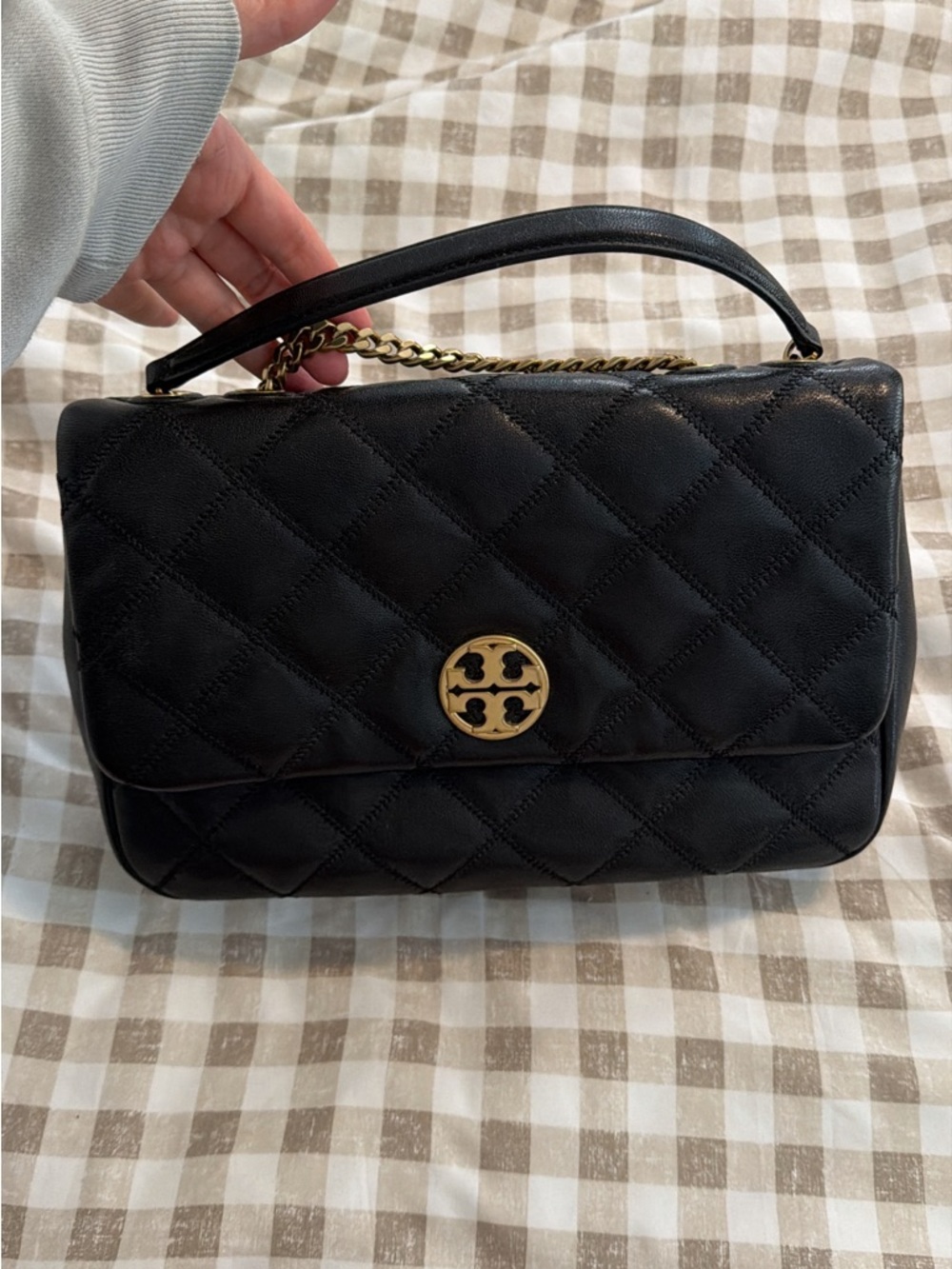Tory Burch Black Quilted Leather Shoulder Bag with Gold Hardware